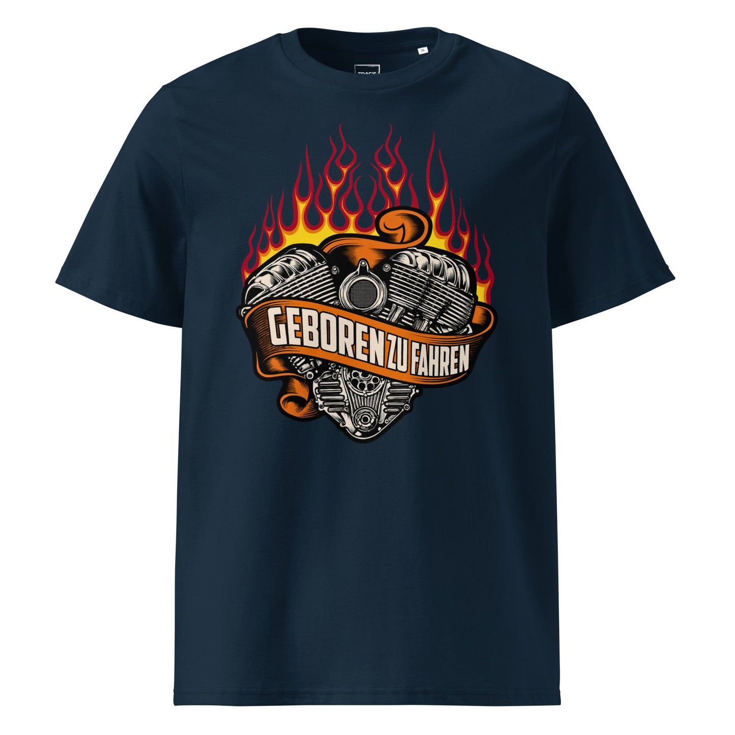 Biker T-Shirt „Geboren zu fahren“ – Premium Eco, Flammen & V-Twin-Motor