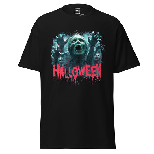 Halloween T-Shirt „Halloween“, Classic Standard – schwarzes Shirt mit Zombie-Motiv
