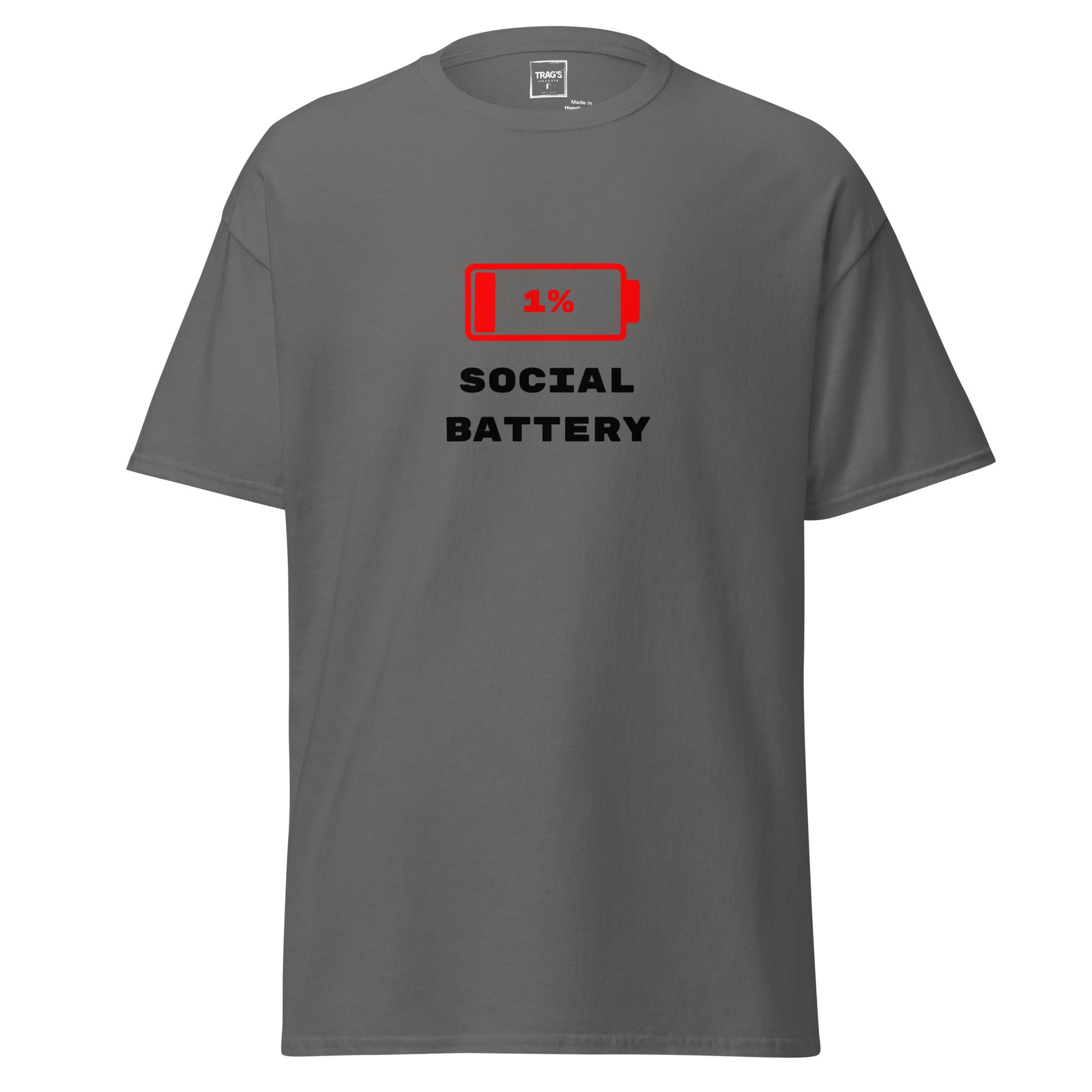 T-Shirt mit Spruch „1 % Social Battery“ – Classic Standard, rotes Batterie-Symbol