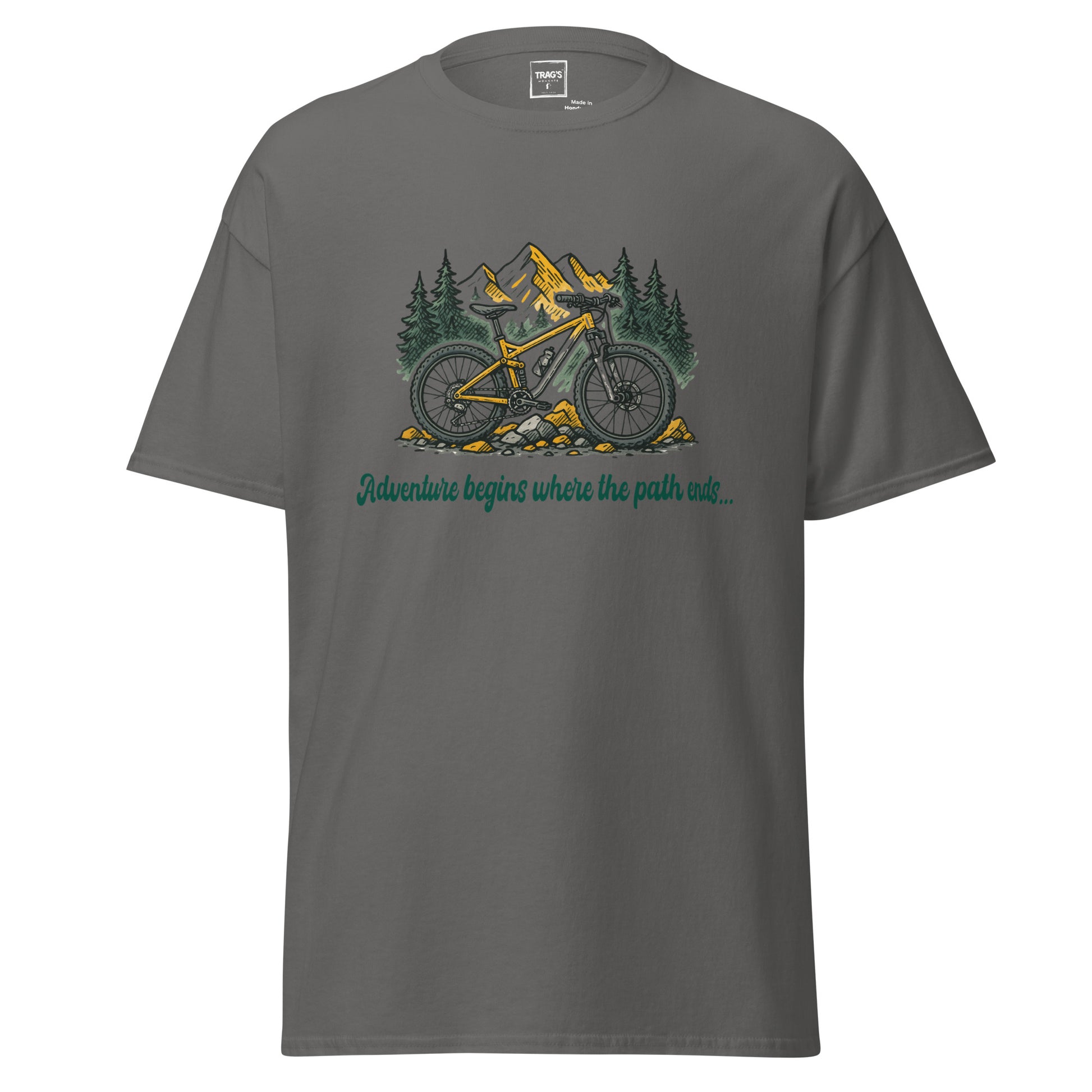 Outdoor T-Shirt mit Fahrrad & Bergen – „Adventure begins…“, Classic Standard