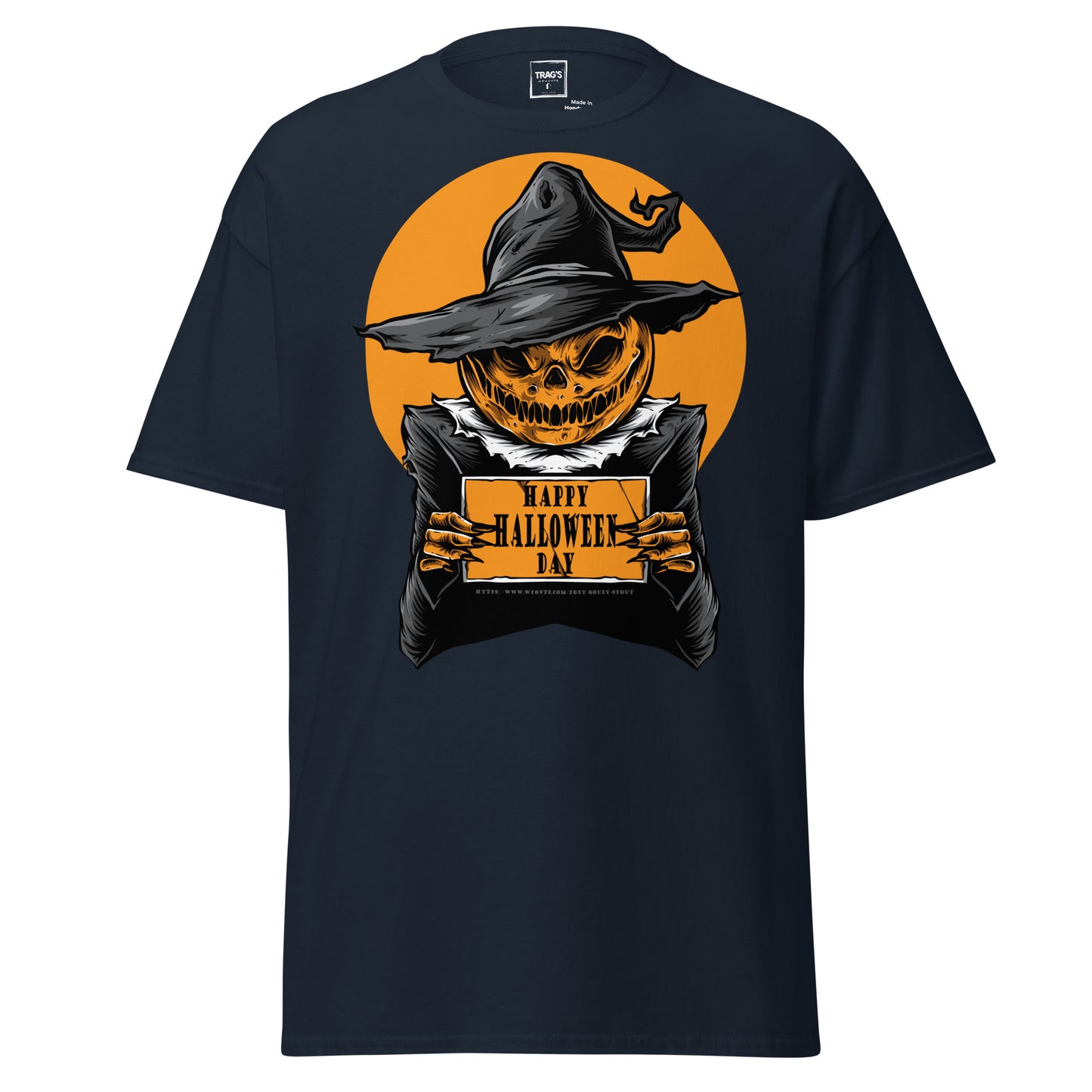 Classic Standard T-Shirt mit großem Halloween-Kürbis im Hexenhut und Aufschrift „Happy Halloween Day“