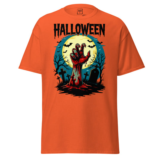 Halloween T-Shirt mit Motiv Zombiehand im Friedhof vor Vollmond – Classic Standard

