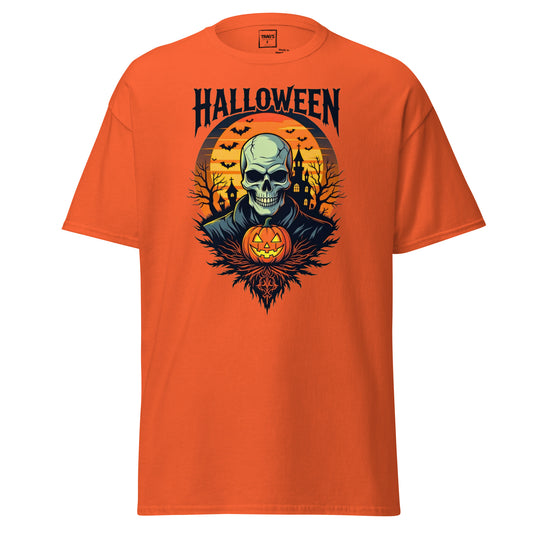 Halloween T-Shirt mit Motiv Skelett, Kürbis und Schloss – Classic Standard
