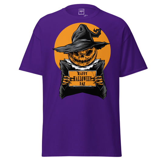 Classic Standard T-Shirt mit großem Halloween-Kürbis im Hexenhut und Aufschrift „Happy Halloween Day“