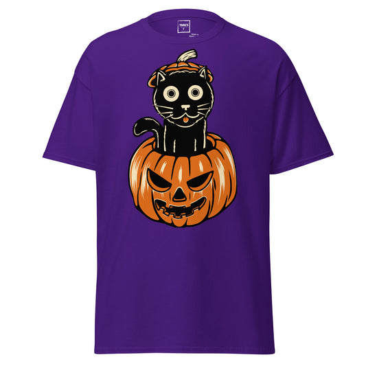 Halloween T-Shirt mit Motiv schwarze Katze im Kürbis – Classic Standard
