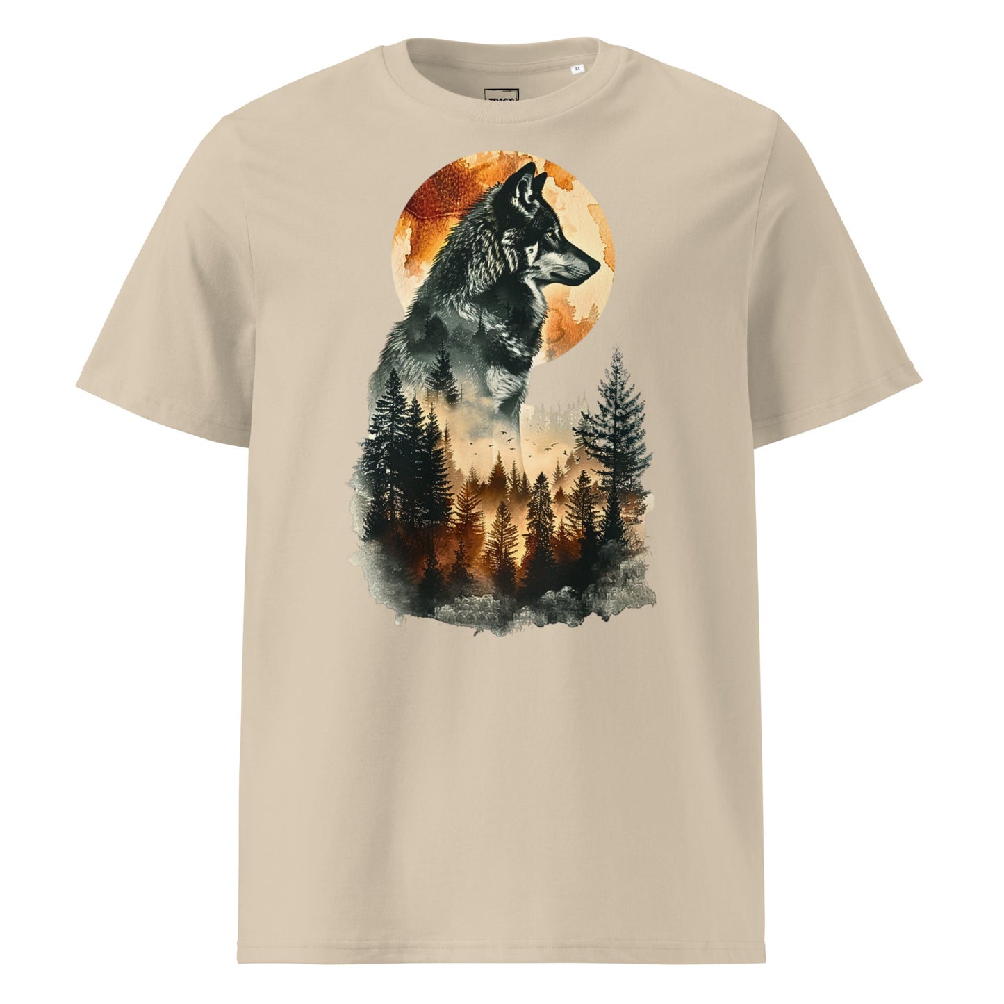 Wolf T-Shirt „Moonlit Forest“ – Premium Eco, Wolf vor Vollmond und Waldmotiv