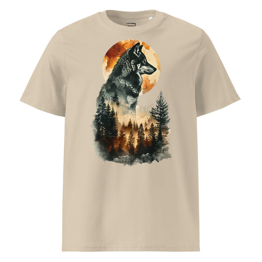 Wolf T-Shirt „Moonlit Forest“ – Premium Eco, Wolf vor Vollmond und Waldmotiv